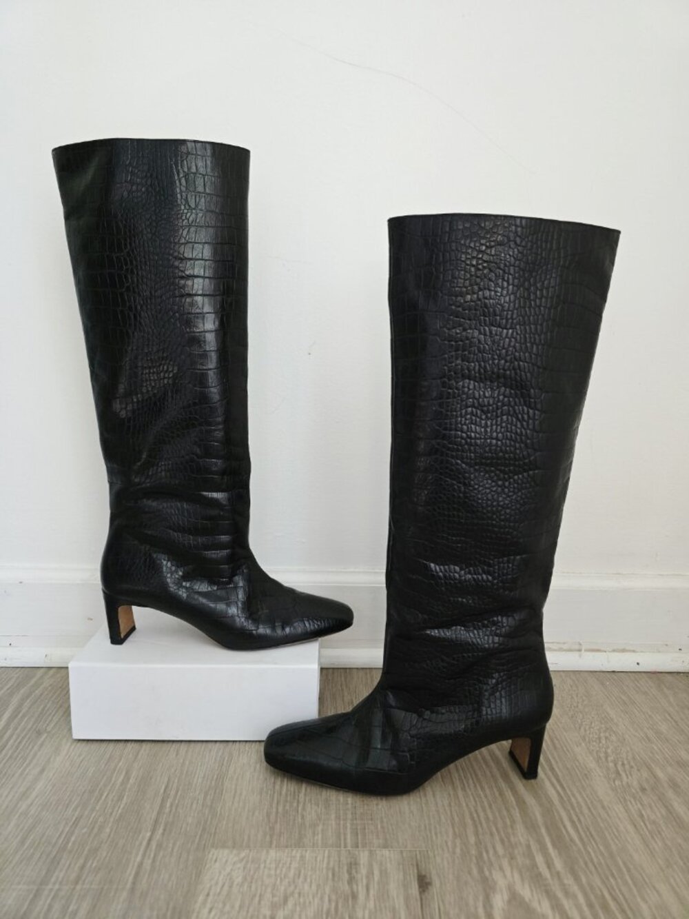 Anine Bing Felicia Croc Embossed Tall Knee Heeled Boots 41 11 Black Leather
